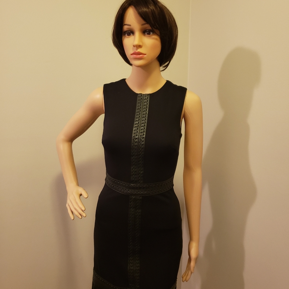 BEBE Leather Stitch & Fringe Sheath Black Dress